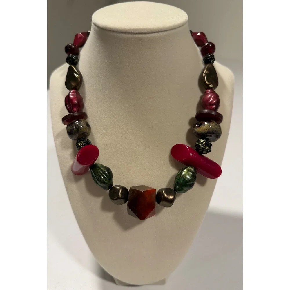 Teresa Goodall Chunky Artisan Bead Necklace Red Green Bronze Statement Jewelry